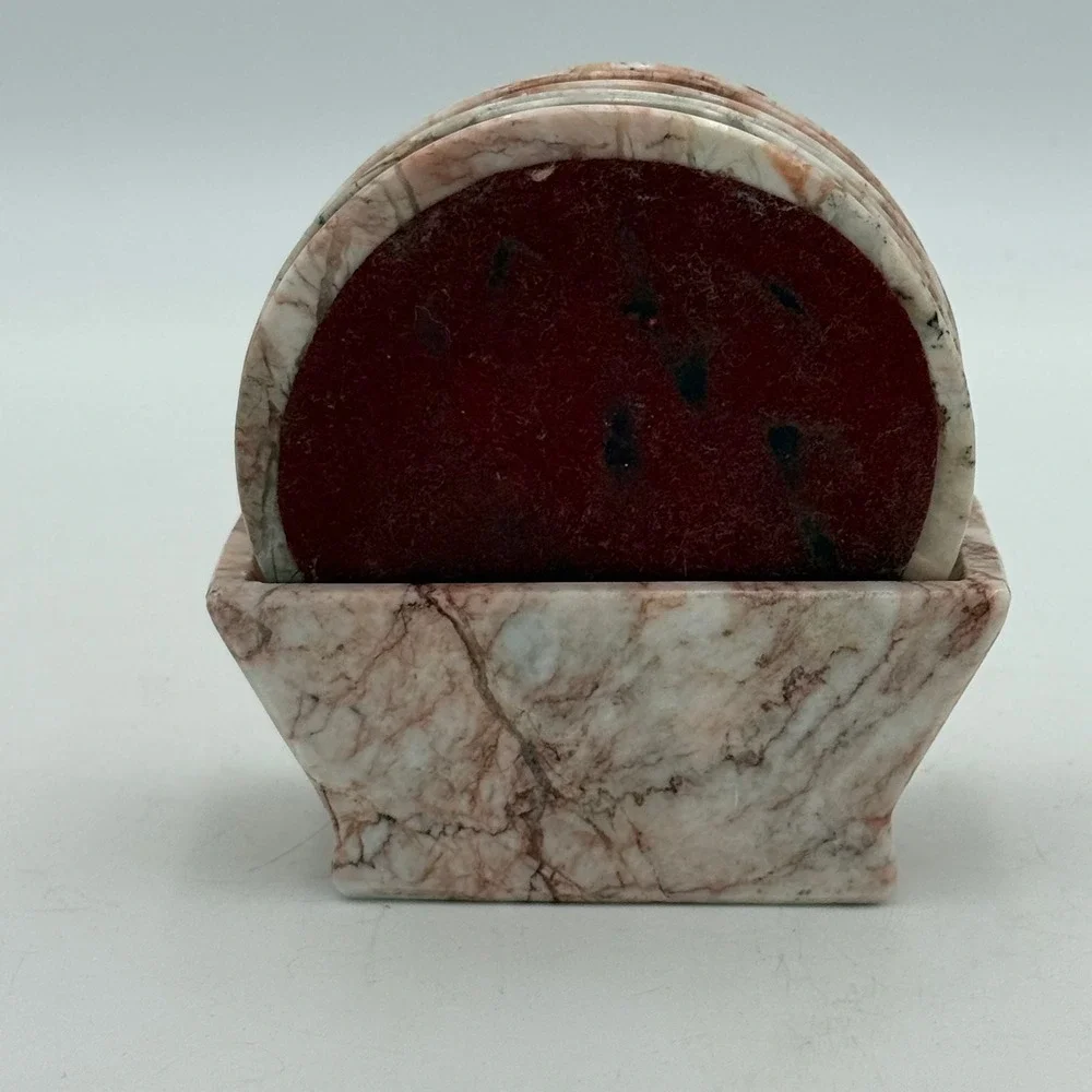 Vintage Pink Marble Coaster Set of 6 with Matching Holder Natural Stone Round